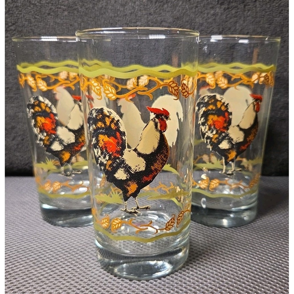 Set Of 3 Rooster/ Chicken Drinking Glasses Tumblers 6 In Tall